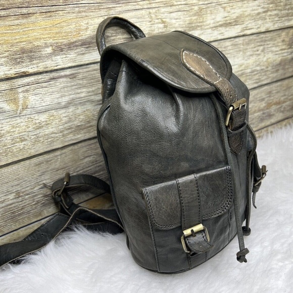 Vntg Artisan Gray Genuine Leather Drawstring Small Backpack - Picture 2 of 12